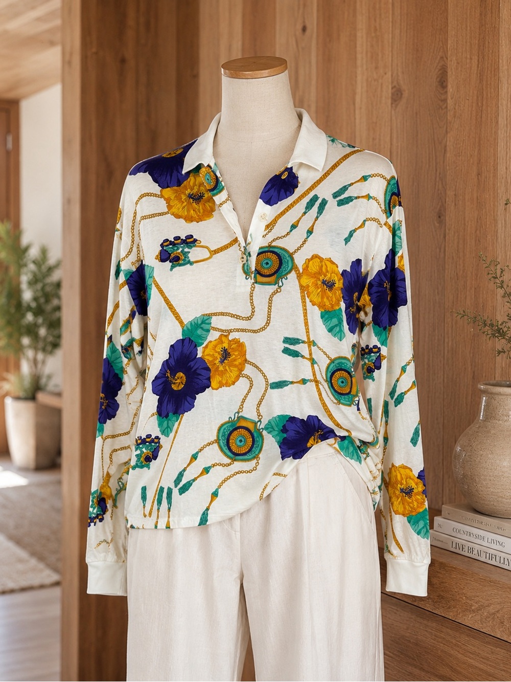 Vintage Classy Baroque Italian Floral Polo Shirt